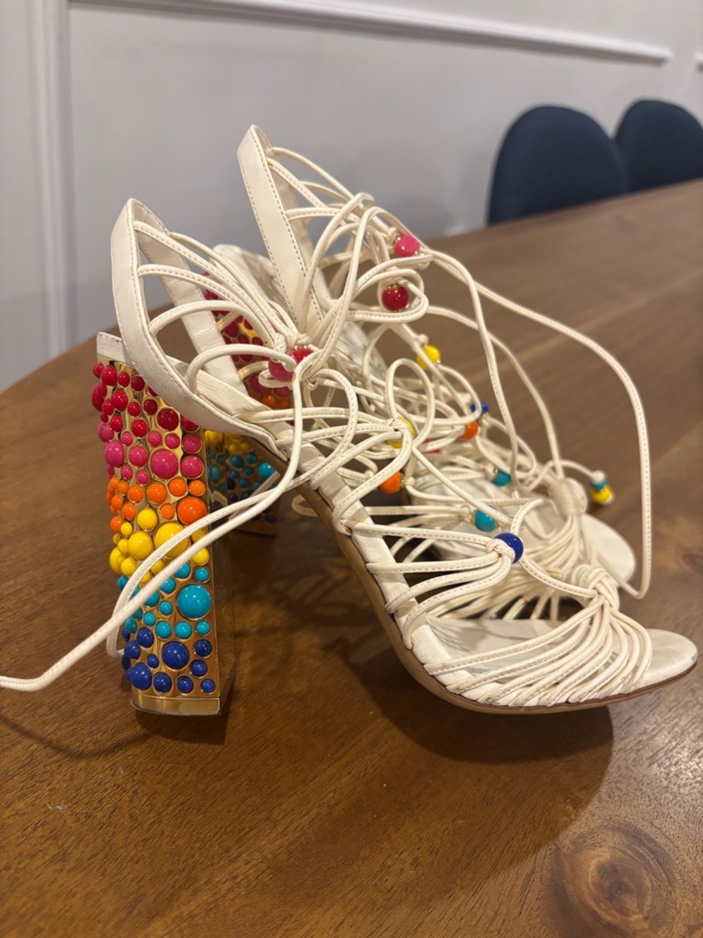 Salvatore Ferragamo Cream Lace-Up Beaded Heels - Picture 2 of 4